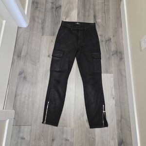 For All Mankind Black Cargo Pocket Skinny Jeans | Ankle Zip Moto Utility Denim